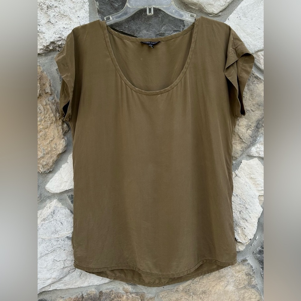 Eileen Fisher 100% Silk Blouse SM Green Khaki Brown Quiet Luxury Timeless Basic